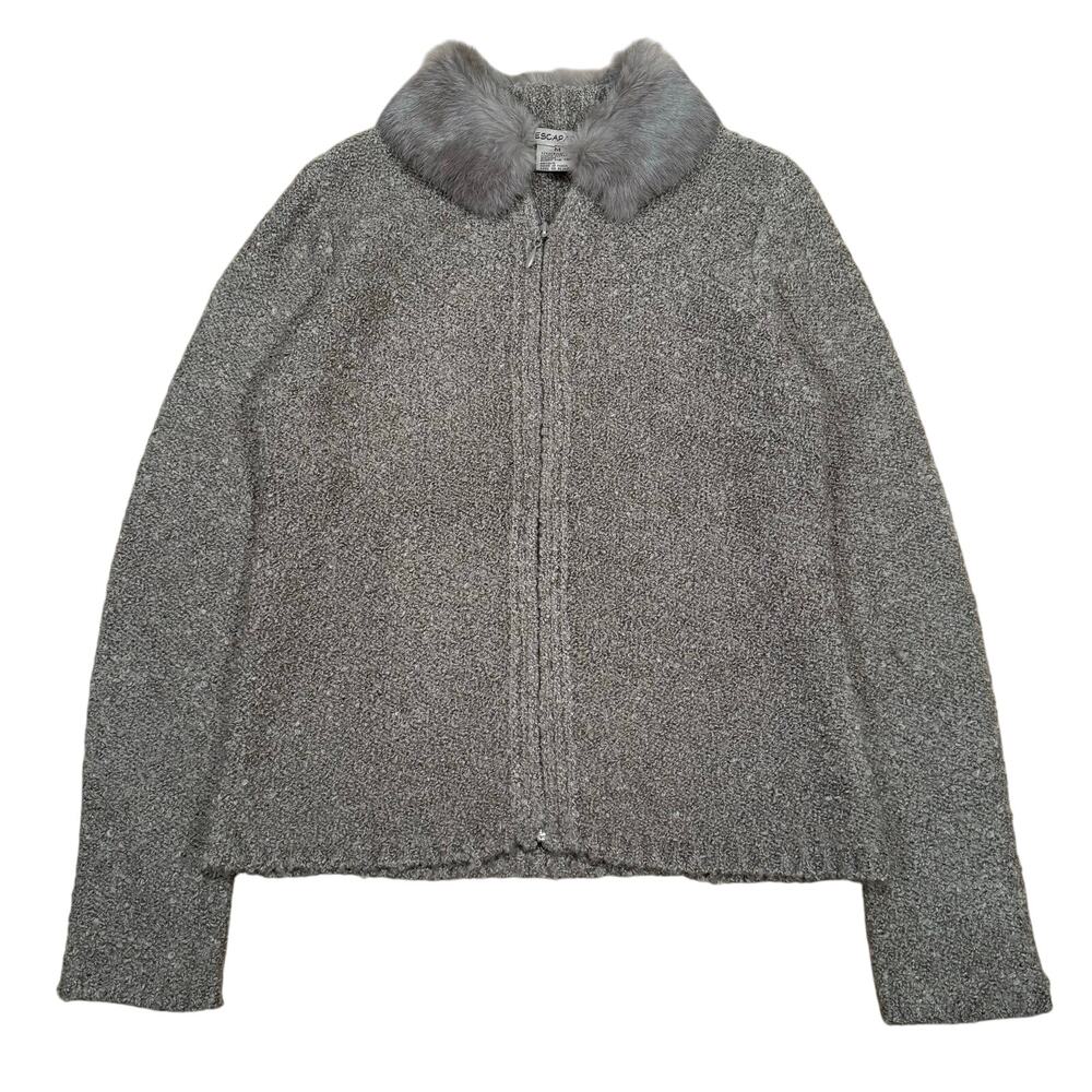 Vintage 90s Gray Bouclé Knit Sweater Jacket Faux Fur Collar Zip Front Women M